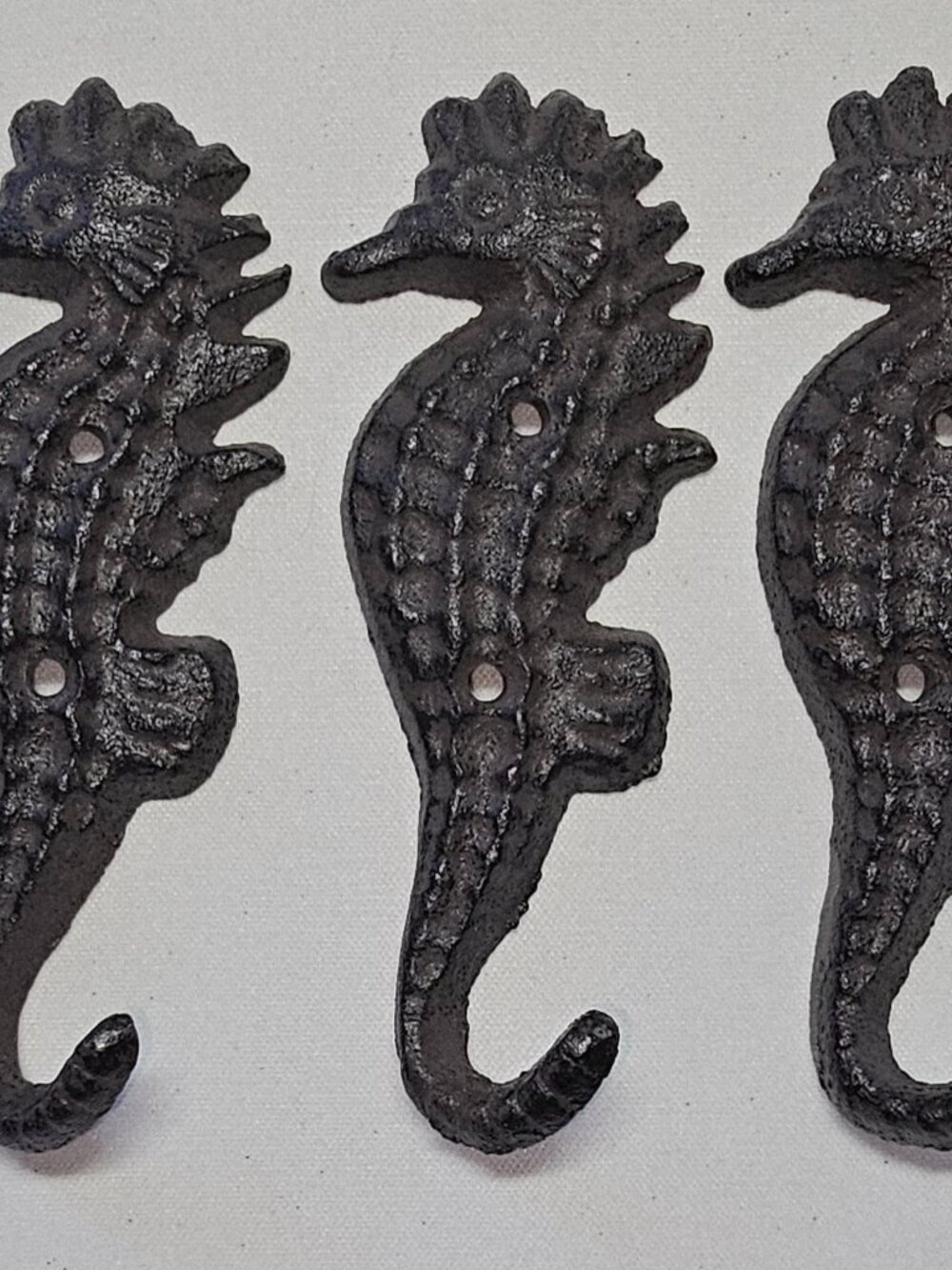 Cast Iron Seahorse Wall Hooks- Set of 3 - Decor Brown Hanger Beach Nautical